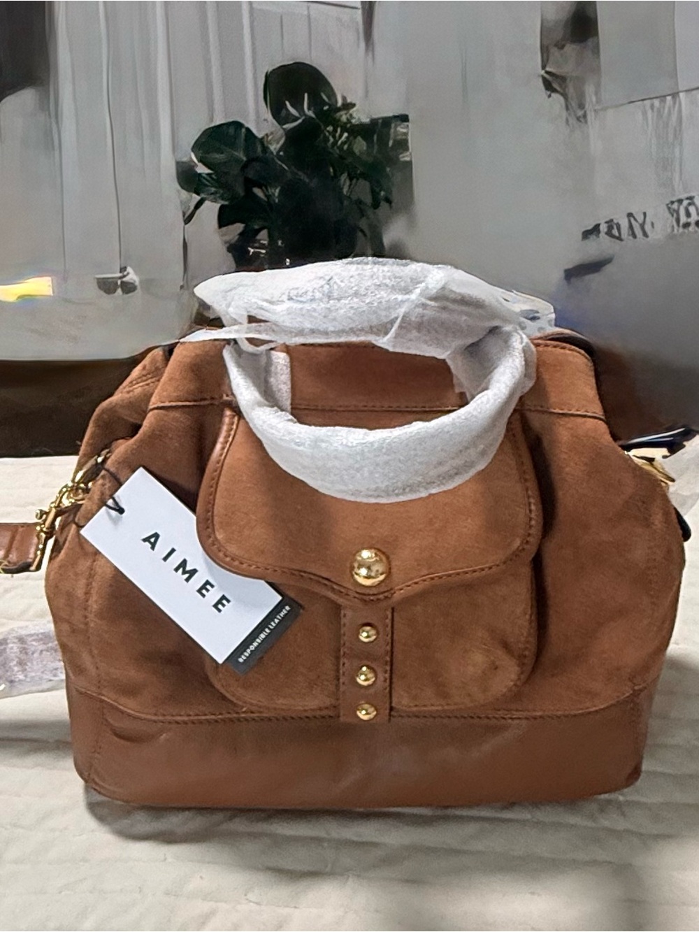 Aime Leon Dore Chestnut Suede and Leather Satchel with Gold Hardware